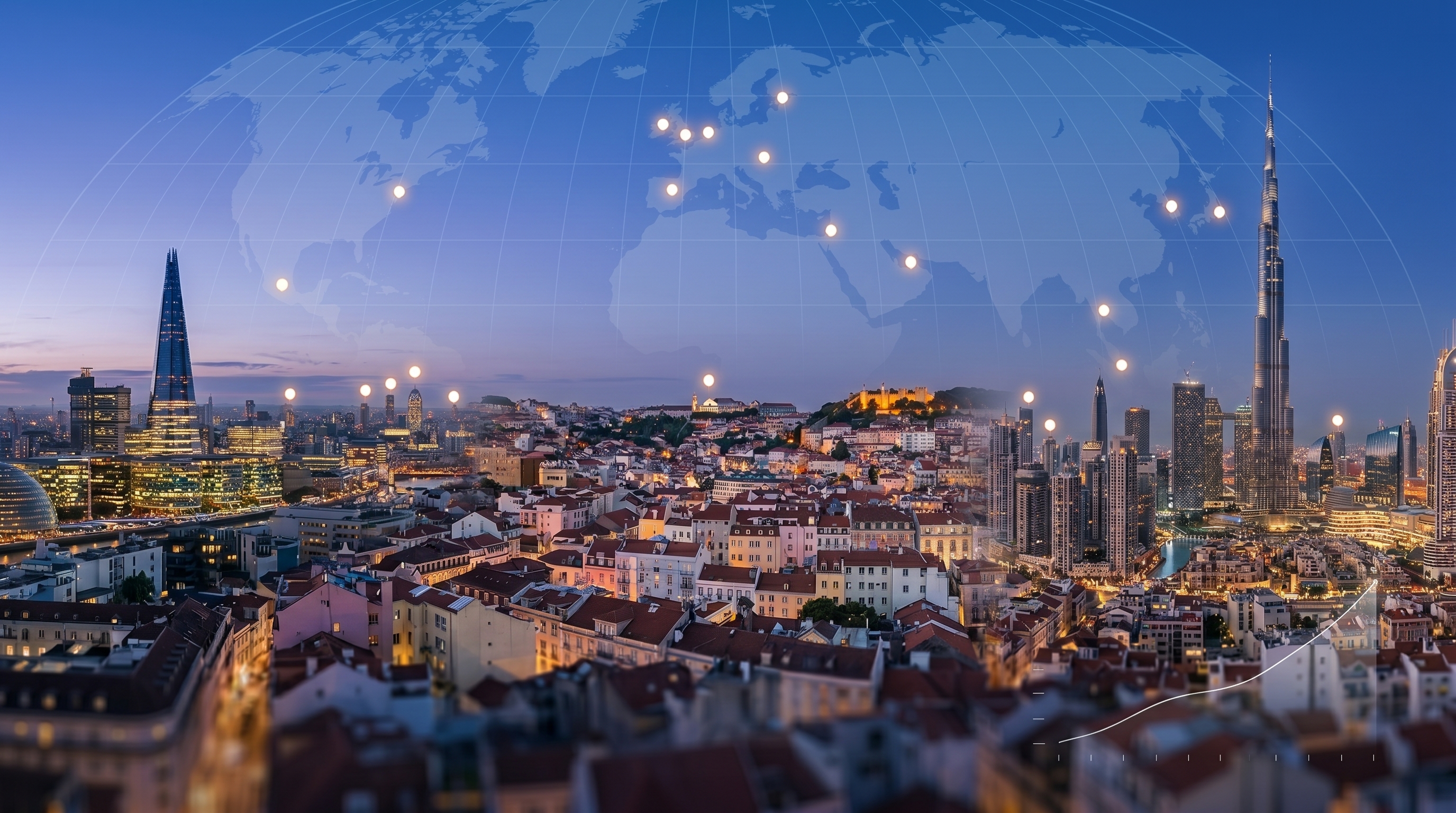 Cityscape at blue hour blending London, Lisbon and Dubai skylines